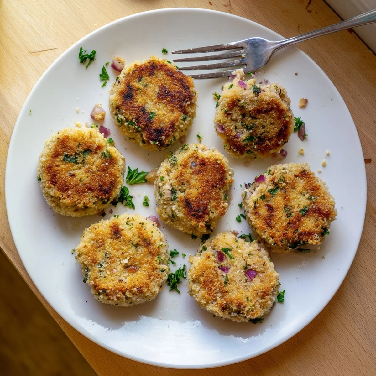 Golden brown crispy tuna cakes served on a white plate with fresh lemon wedges and green parsley garnish