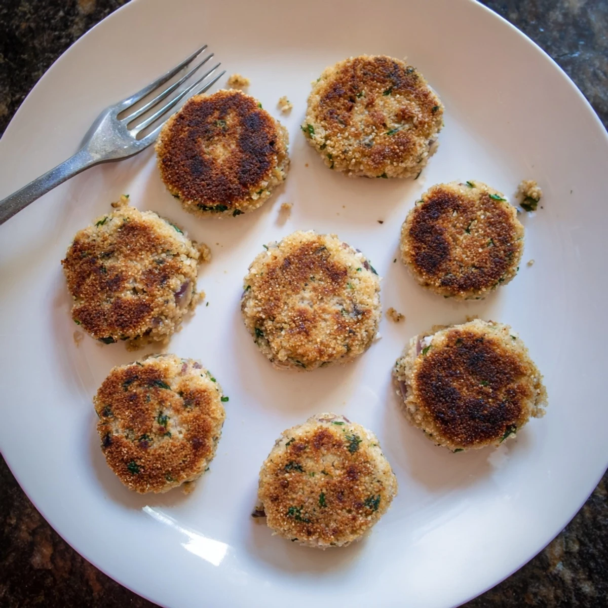 Plate of golden crispy tuna cakes alongside a light green salad and creamy dipping sauce for lunch