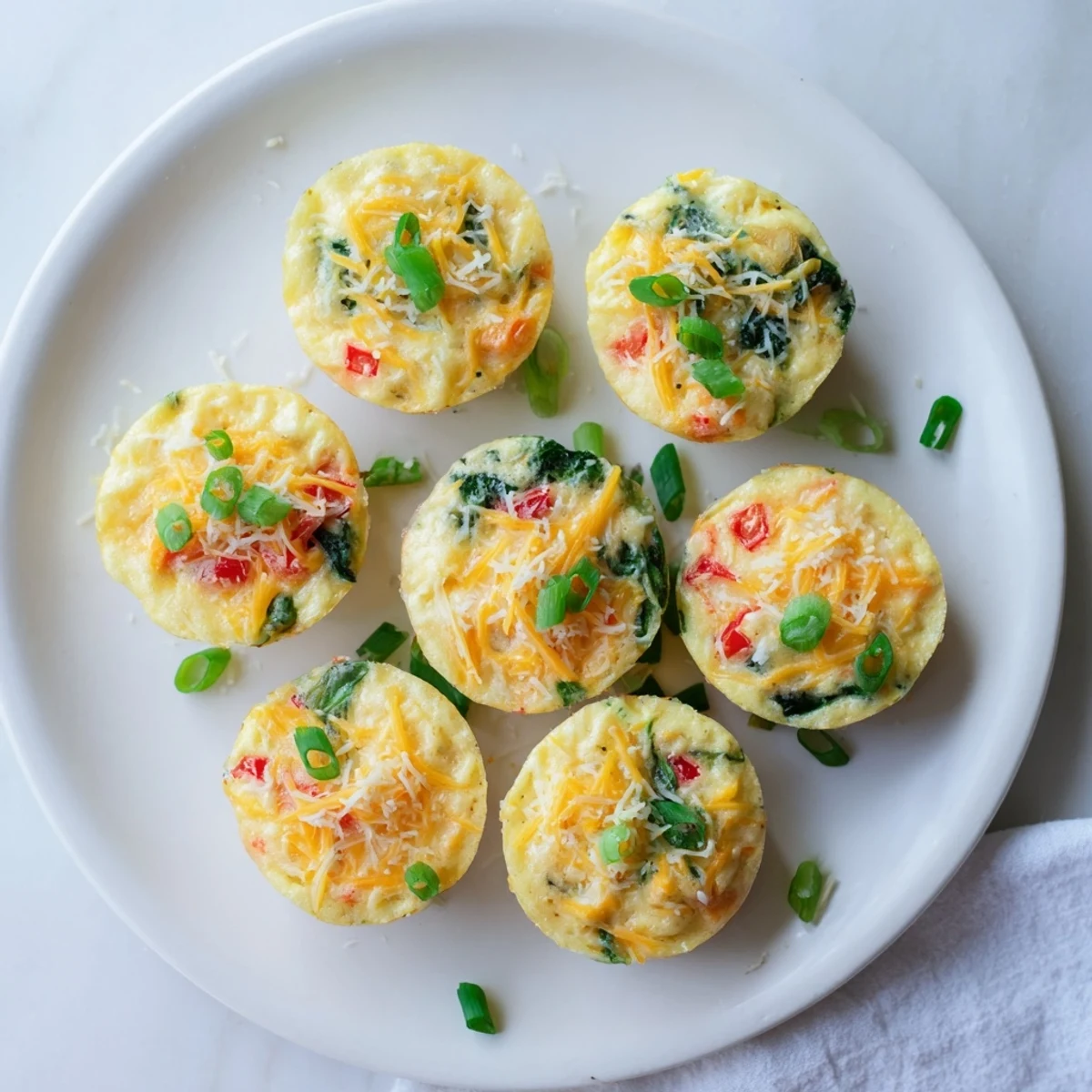 Golden brown cottage cheese egg bites with colorful spinach and bell pepper pieces