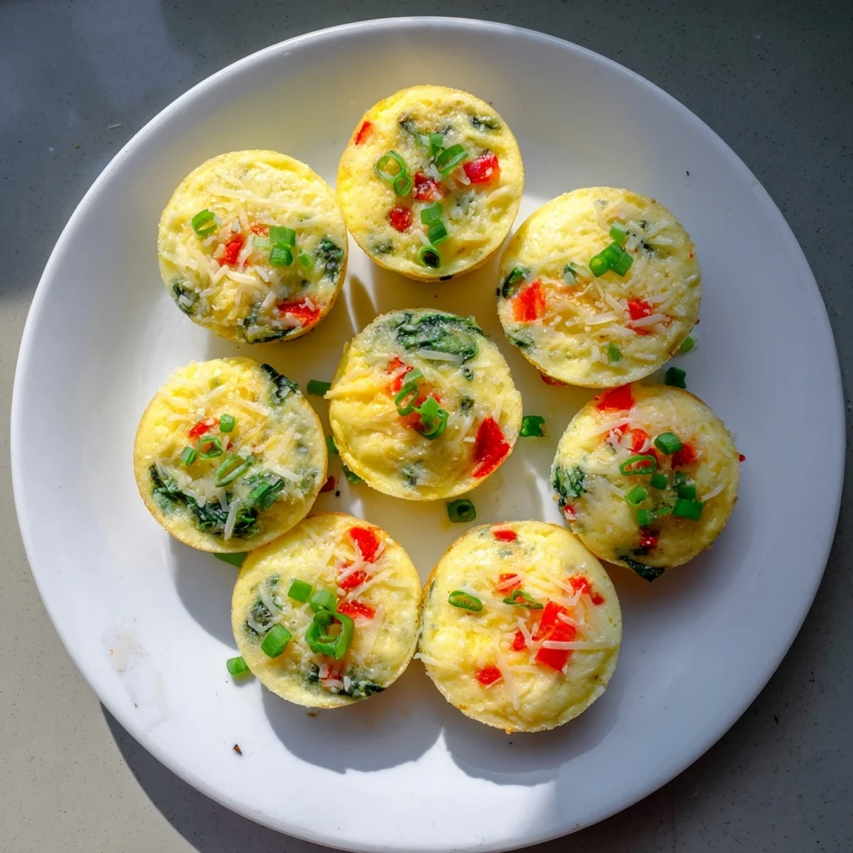 Fluffy baked cottage cheese egg bites topped with melted cheddar and diced vegetables