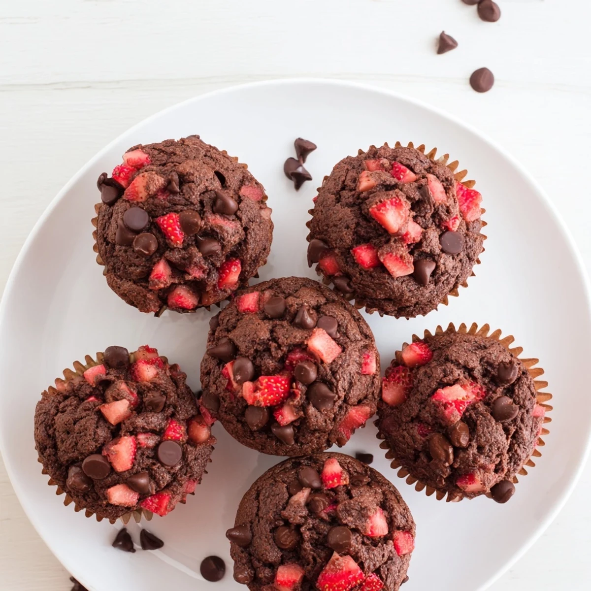 Fresh double chocolate strawberry muffins with melted chips and juicy red berry pieces