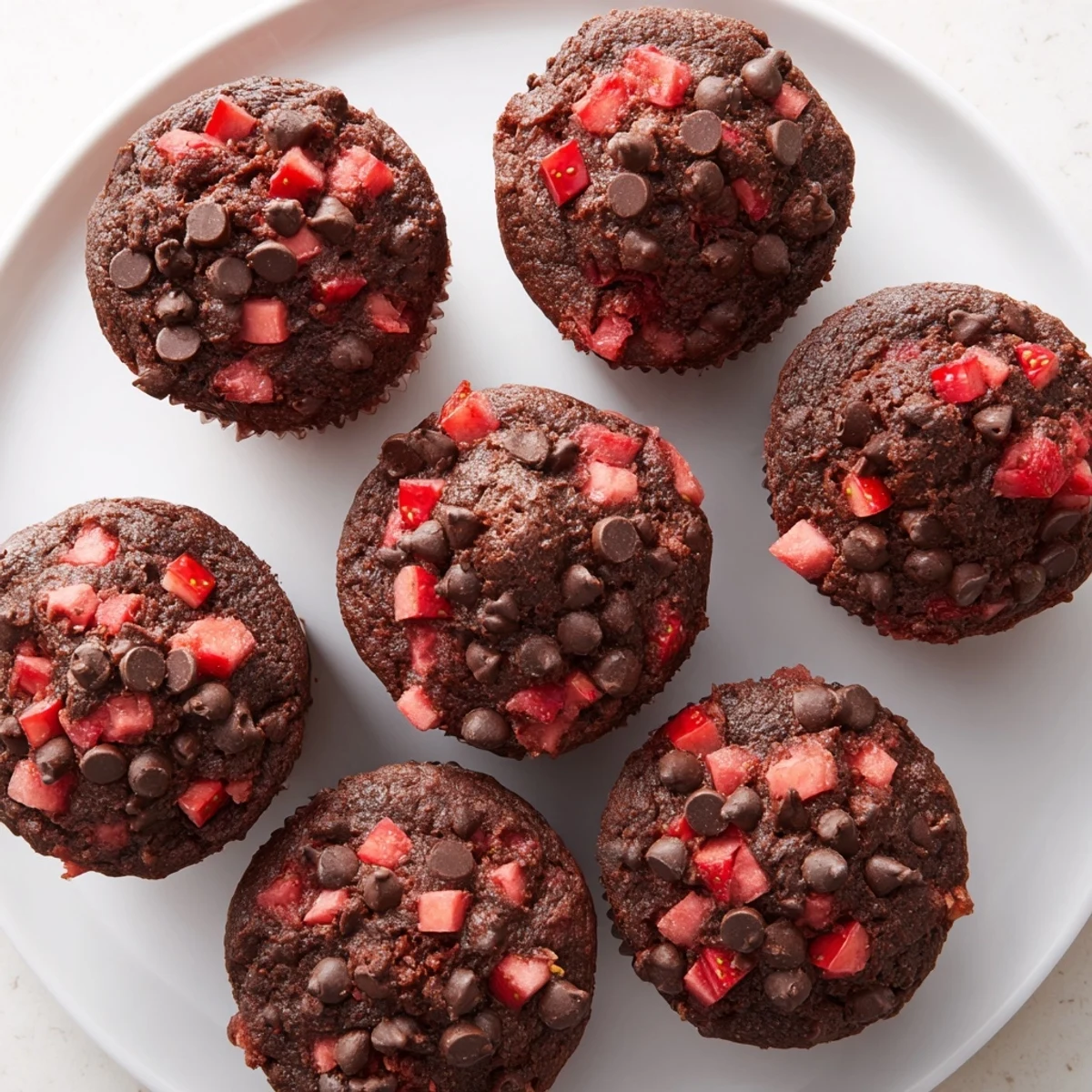 Moist chocolate muffins topped with mini chocolate chips and diced fresh strawberries