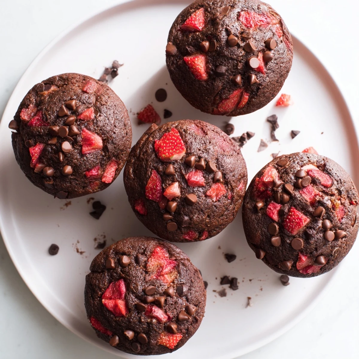 Warm double chocolate strawberry muffins cooling on wire rack with speckled cocoa crumb