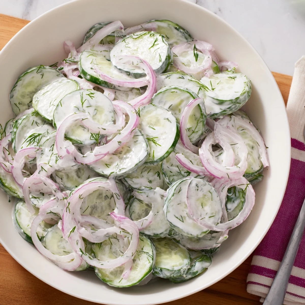 Fresh creamy cucumber salad with crisp sliced cucumbers coated in tangy herbed dressing
