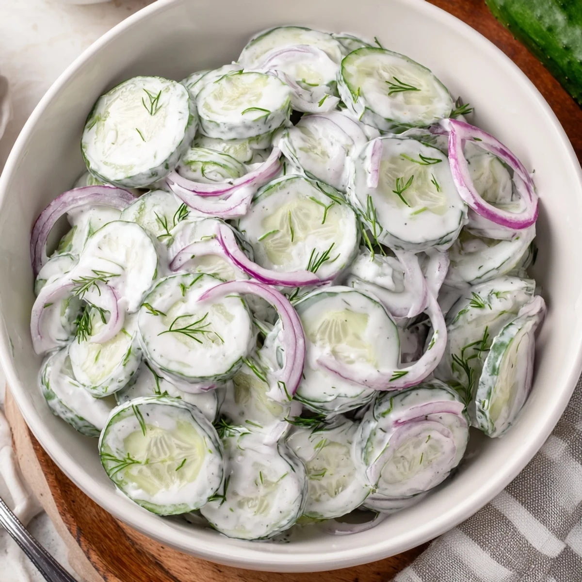 Chilled bowl of creamy cucumber salad featuring red onions and fresh dill in white sauce