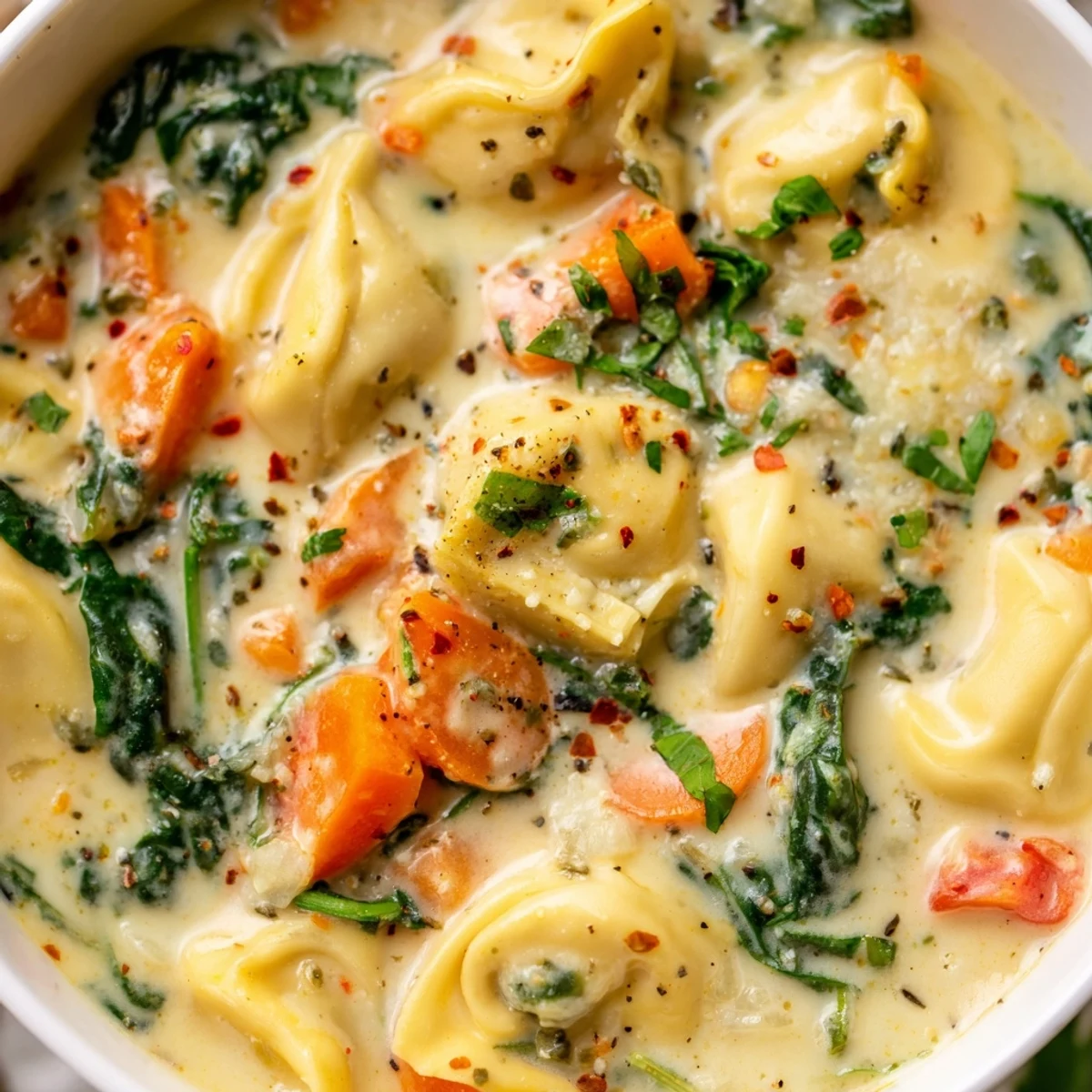 Creamy tortellini soup with tender vegetables and wilted spinach in a velvety broth garnished with fresh basil