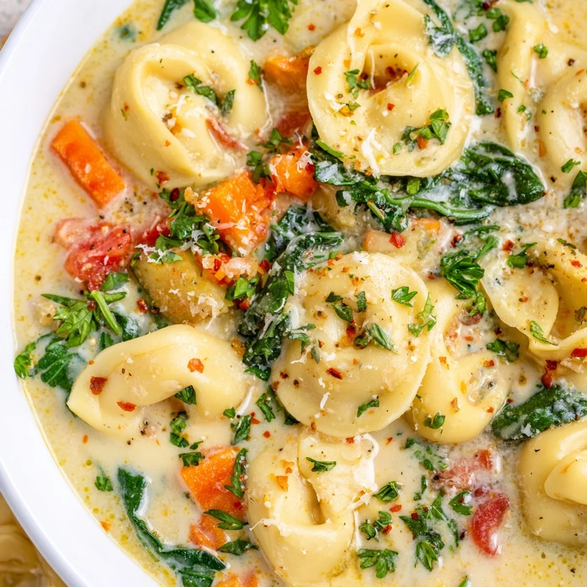 Steaming bowl of comforting tortellini soup featuring cheese-filled pasta swimming in a rich, savory cream-based broth
