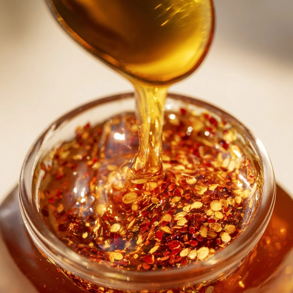 Golden homemade hot honey infused with red chili flakes in a glass jar