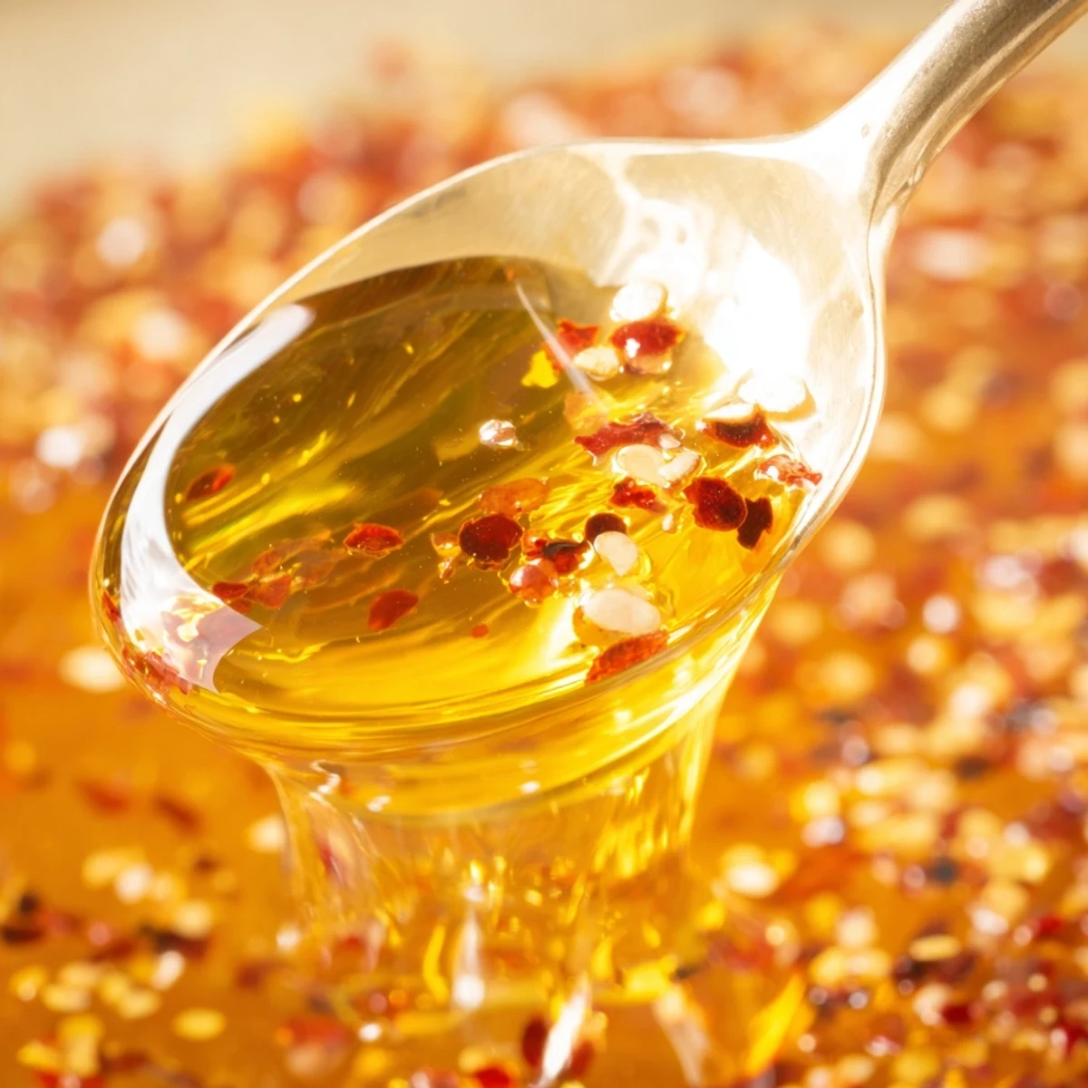 Warm amber hot honey sauce flecked with chili peppers ready for pouring