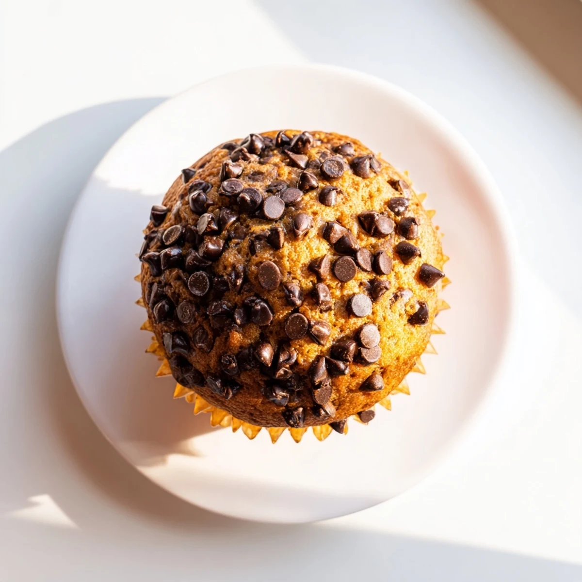 Golden bakery style chocolate chip muffins with tall domed tops and melted chocolate chunks