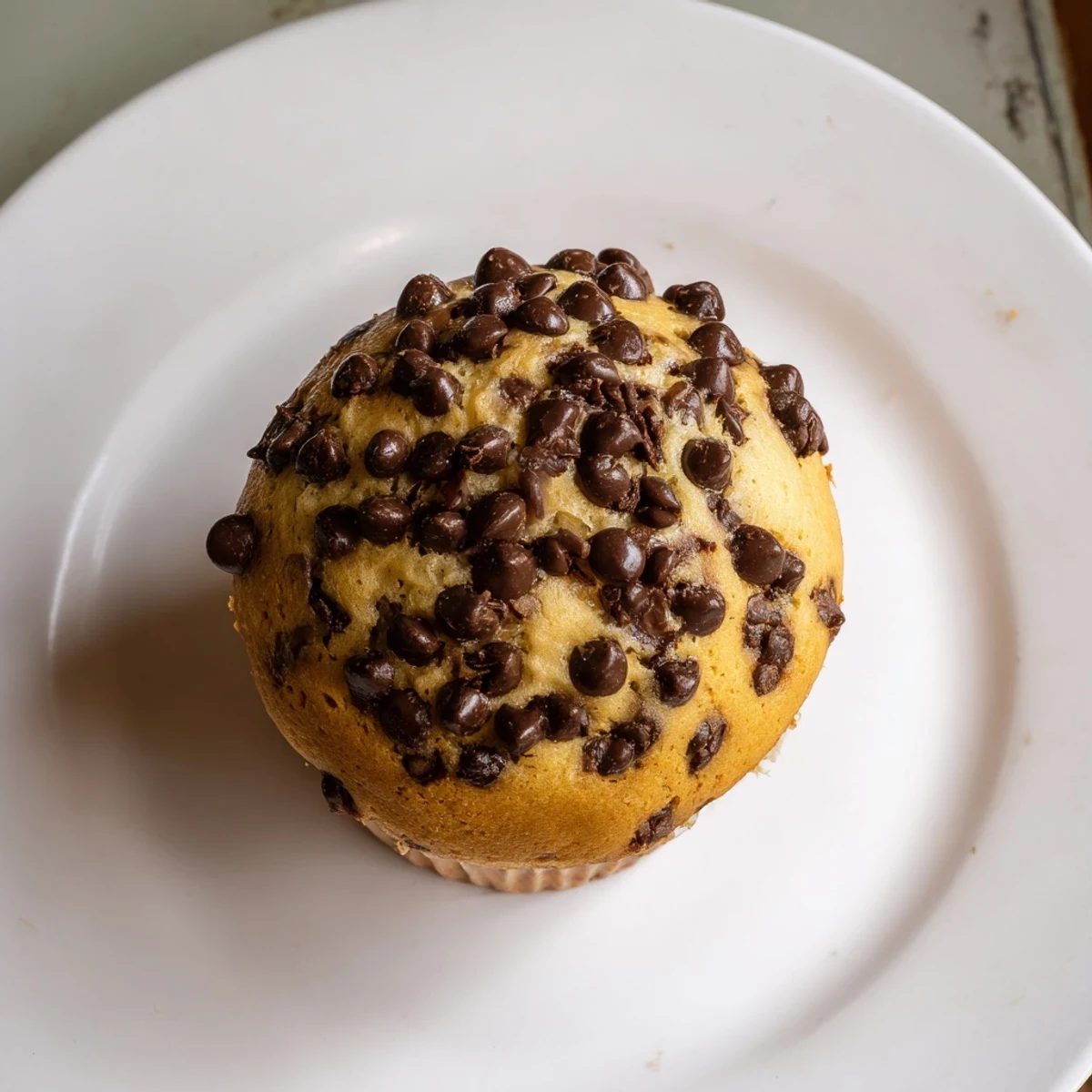 Moist bakery style chocolate chip muffins bursting with semi sweet chips in paper liners
