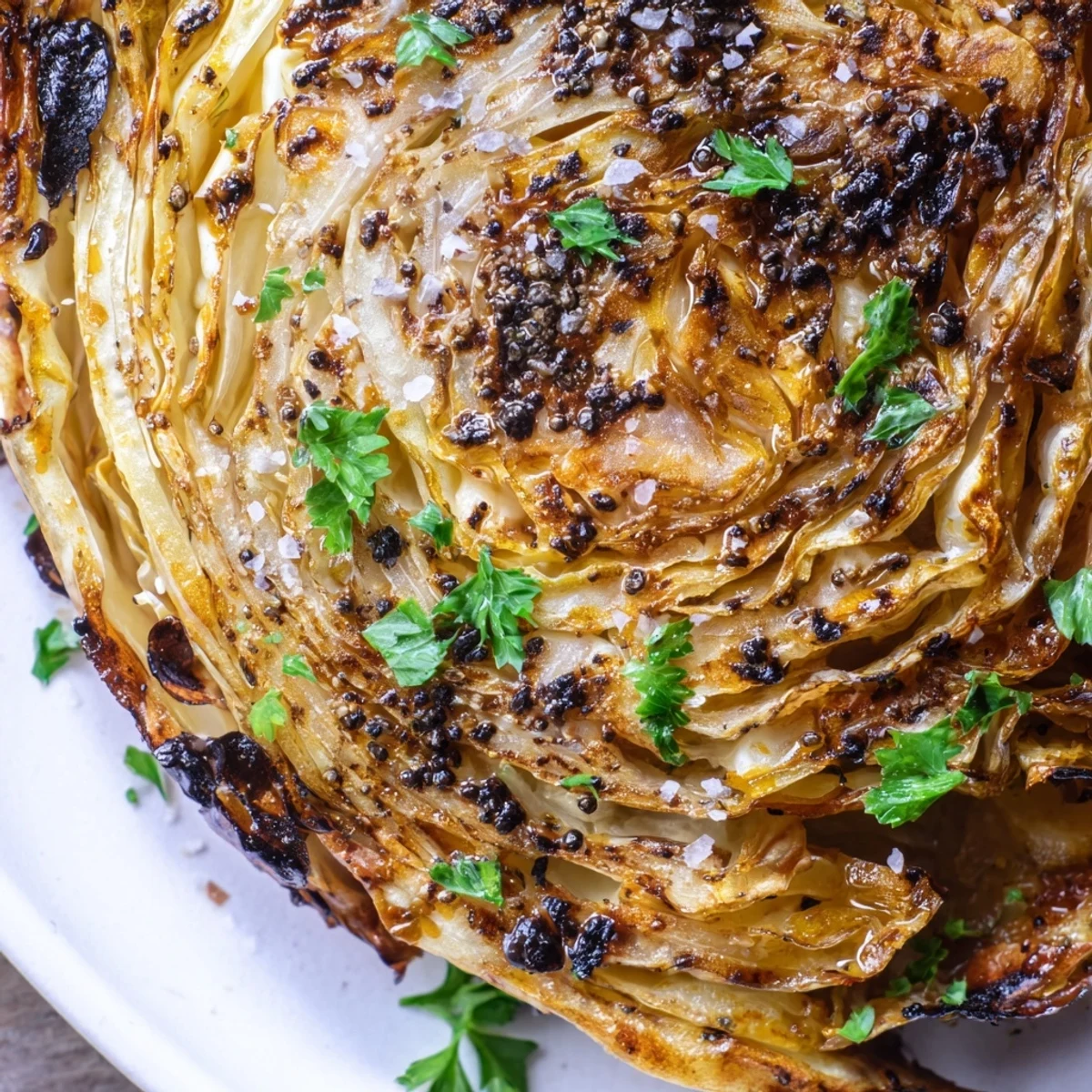 Golden brown roasted cabbage steaks with caramelized edges and savory garlic seasoning on a white serving platter