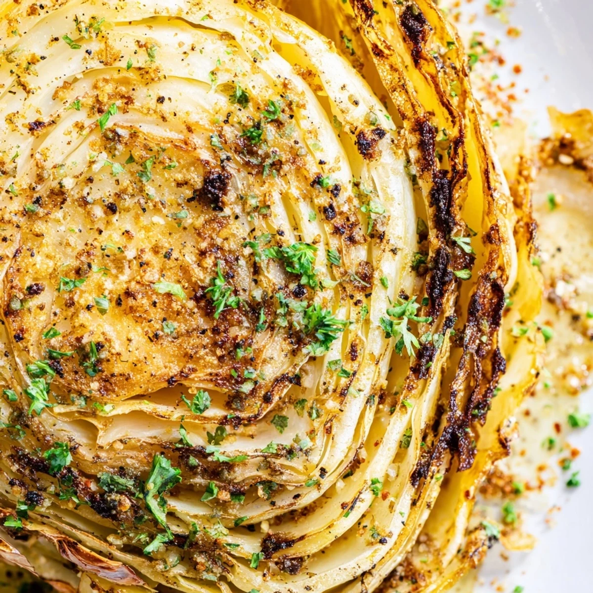 Oven-baked cabbage steaks arranged on a baking sheet, showing golden brown char and aromatic spice coating