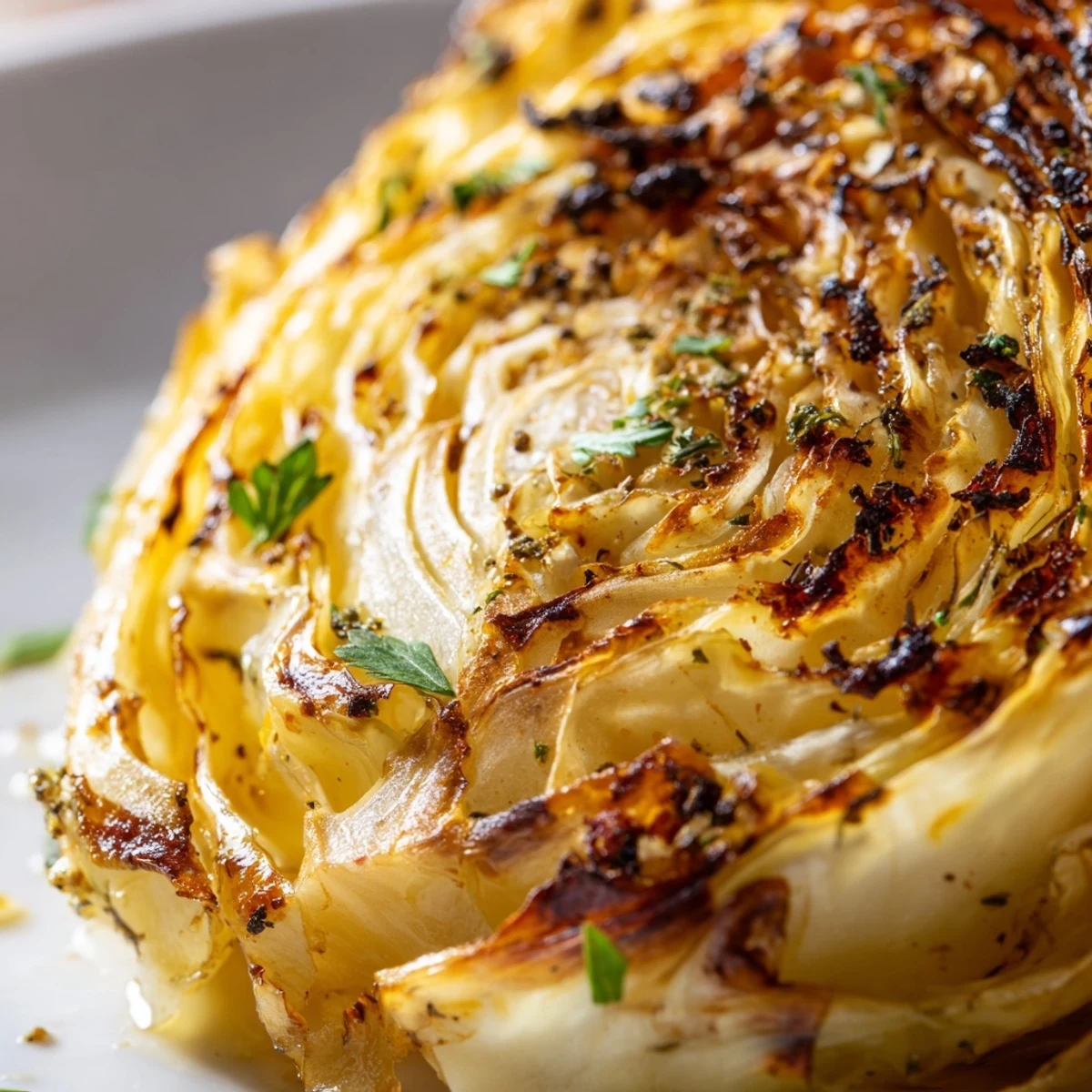 Thick slices of green cabbage roasted until tender with crispy edges, sprinkled with fresh parsley and smoked paprika