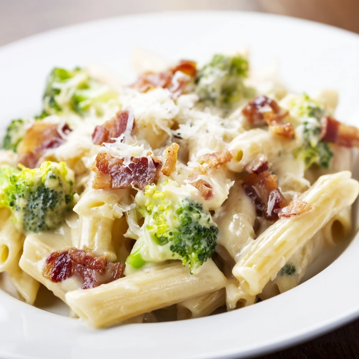 Golden penne pasta tossed with crispy bacon bits and fresh broccoli florets in a creamy Parmesan sauce, garnished with extra grated cheese.