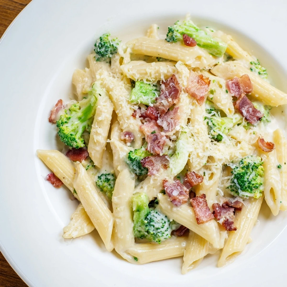 Steaming bowl of bacon broccoli and Parmesan pasta featuring tender-crisp vegetables and savory bacon pieces coated in a rich, glossy cream sauce.