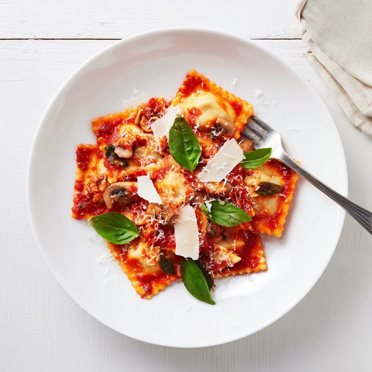 Golden chicken mushroom ravioli swimming in simple rustic tomato sauce topped with grated Parmesan