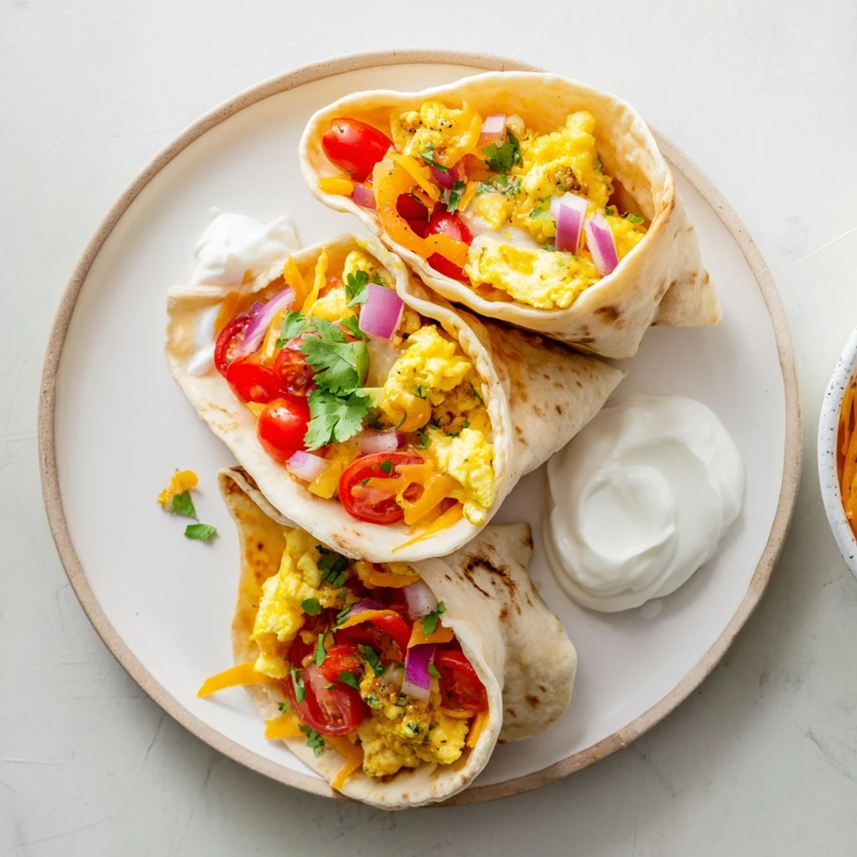 Golden Tex Mex egg tortilla pockets stuffed with fluffy scrambled eggs, melted cheddar cheese and colorful bell peppers