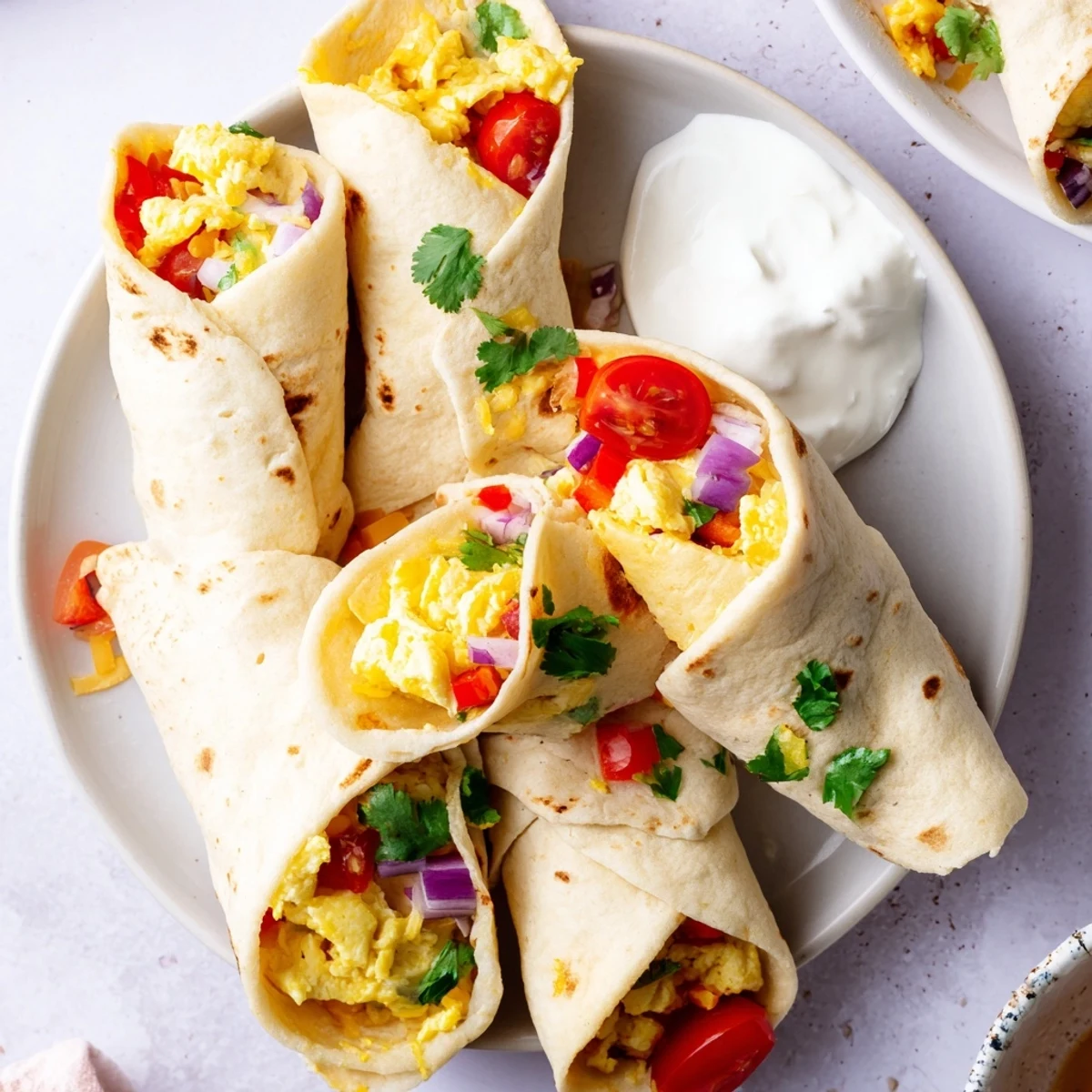 Breakfast Tex Mex egg tortilla pockets packed with spicy scrambled eggs, cherry tomatoes and shredded cheese for easy mornings