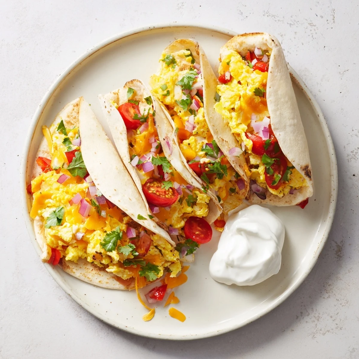 Warm handheld Tex Mex egg tortilla pockets featuring seasoned vegetables, cilantro and sour cream wrapped in soft flour tortillas