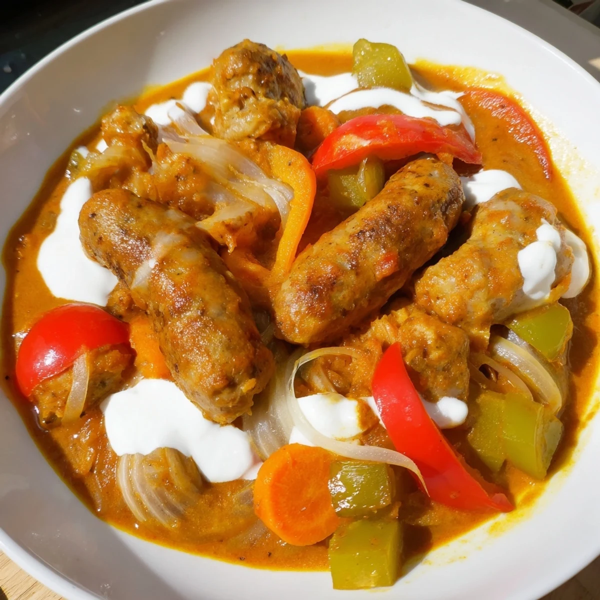 Golden brown sausages simmer in rich sweet and savory curry sauce with colorful bell peppers