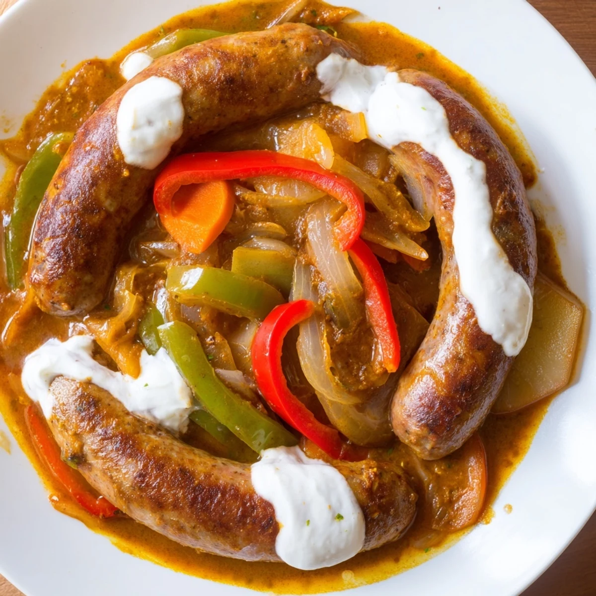 Comforting sweet and savory sausage curry served over fluffy white rice with vibrant vegetable pieces