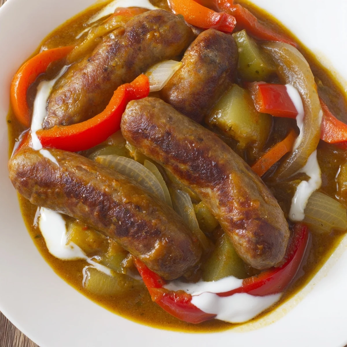 Juicy pork sausages in a fragrant curry with diced apple and creamy tomato-based sauce
