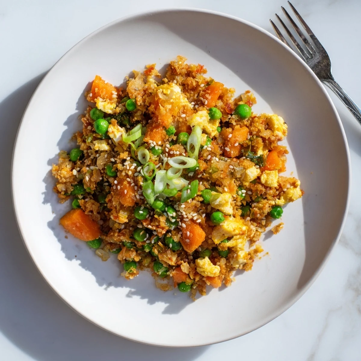 Colorful cauliflower fried rice with kimchi and fluffy scrambled eggs in a white bowl