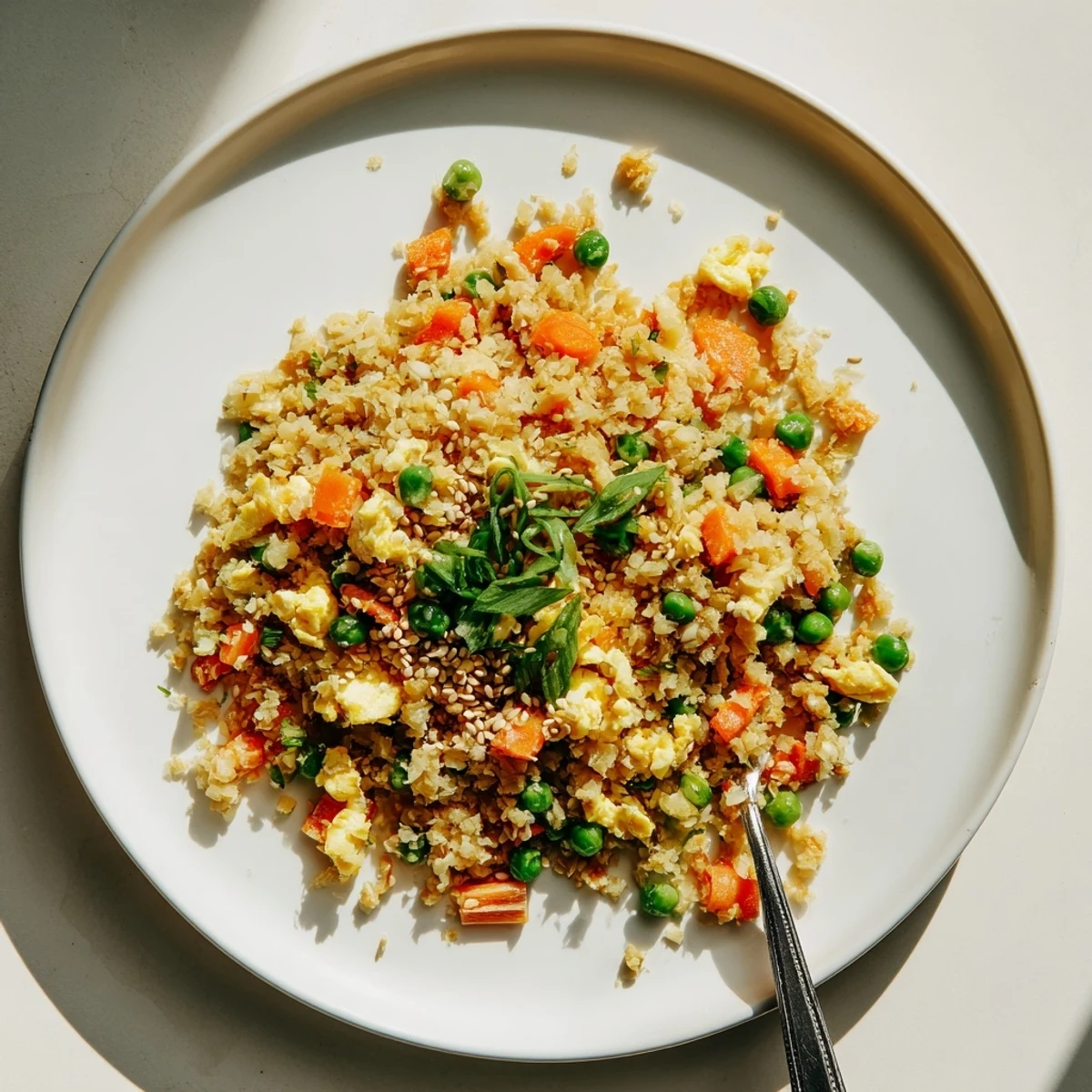 Close-up of cauliflower fried rice with kimchi and eggs garnished with fresh green onions