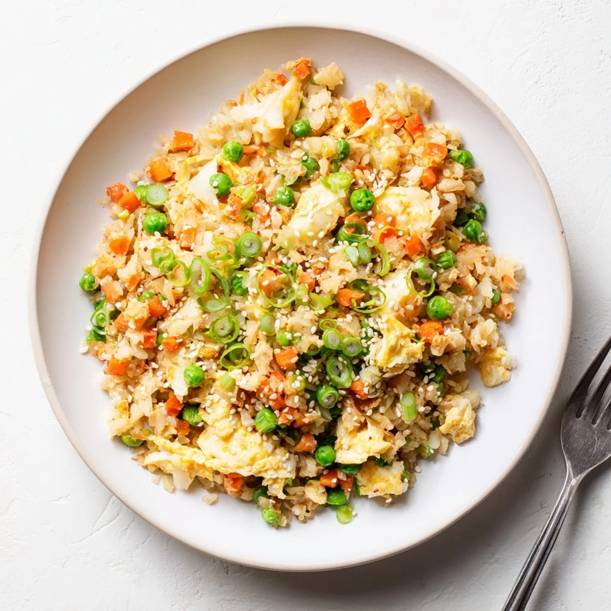 Steaming low-carb cauliflower fried rice featuring spicy kimchi and golden eggs sprinkled with sesame seeds