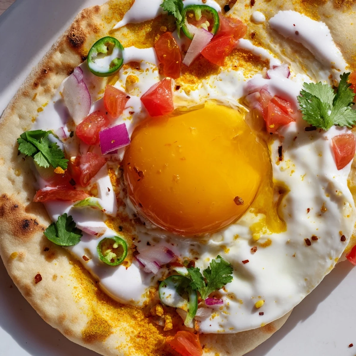 Vibrant curried egg breakfast topped with tangy yogurt drizzle and fresh cilantro garnish