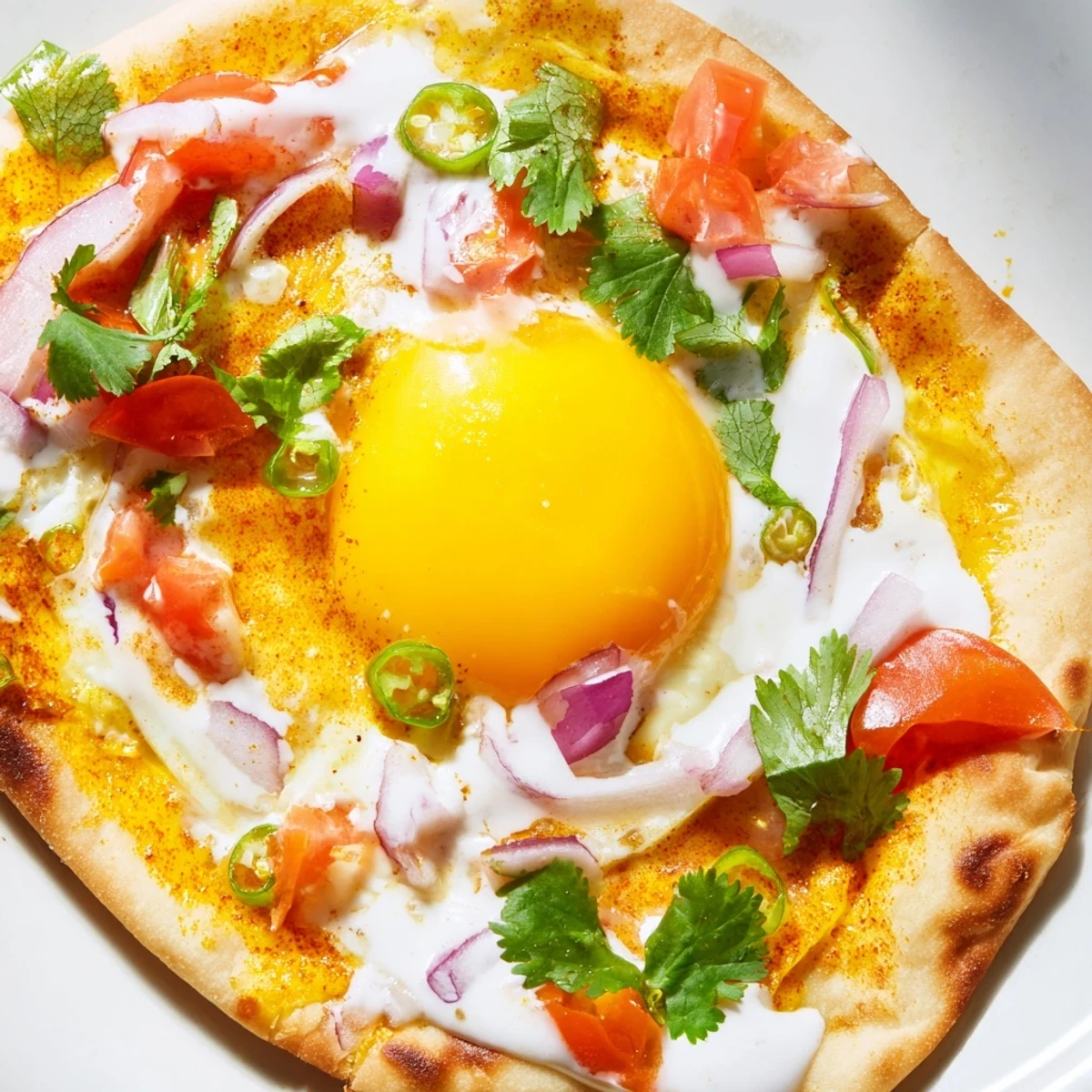 Golden fried egg with turmeric and cumin spices resting on warm buttery naan bread