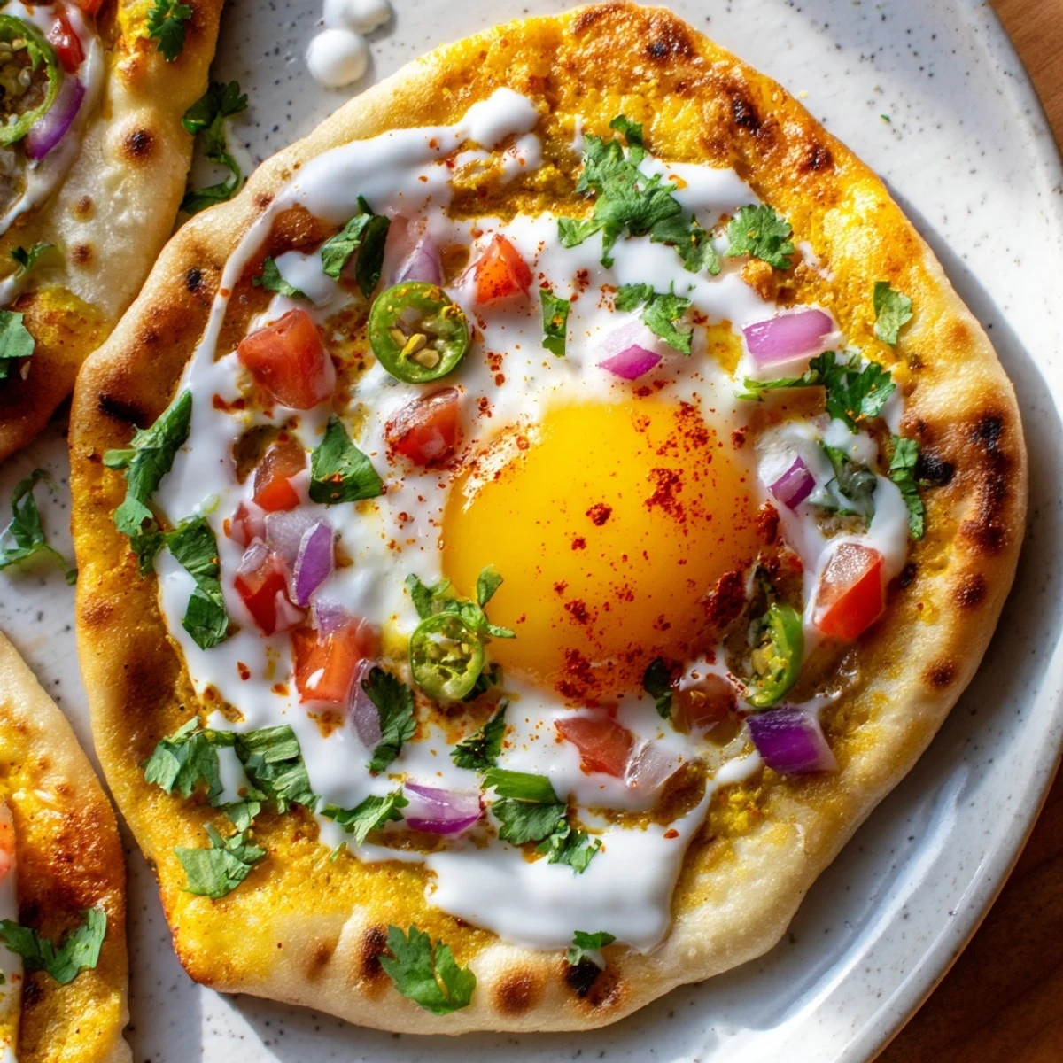 Spiced open-faced naan featuring runny yolk egg with diced tomatoes and red onion