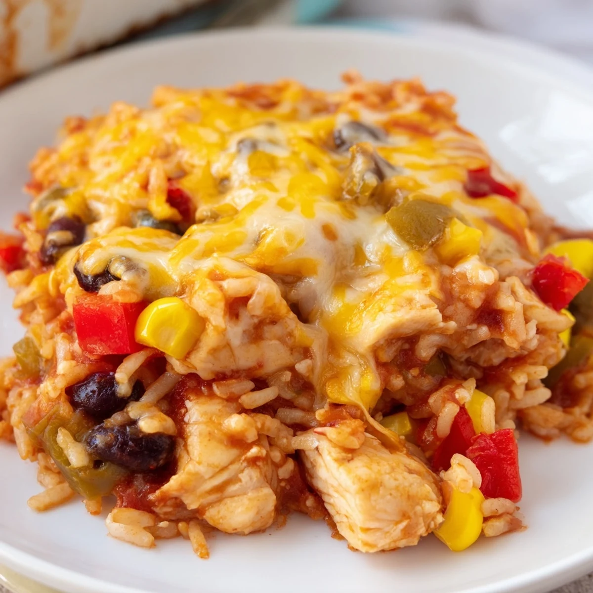 Golden melted Mexican cheese blankets tender chicken pieces and fluffy rice in this comforting Mexican chicken and rice bake casserole