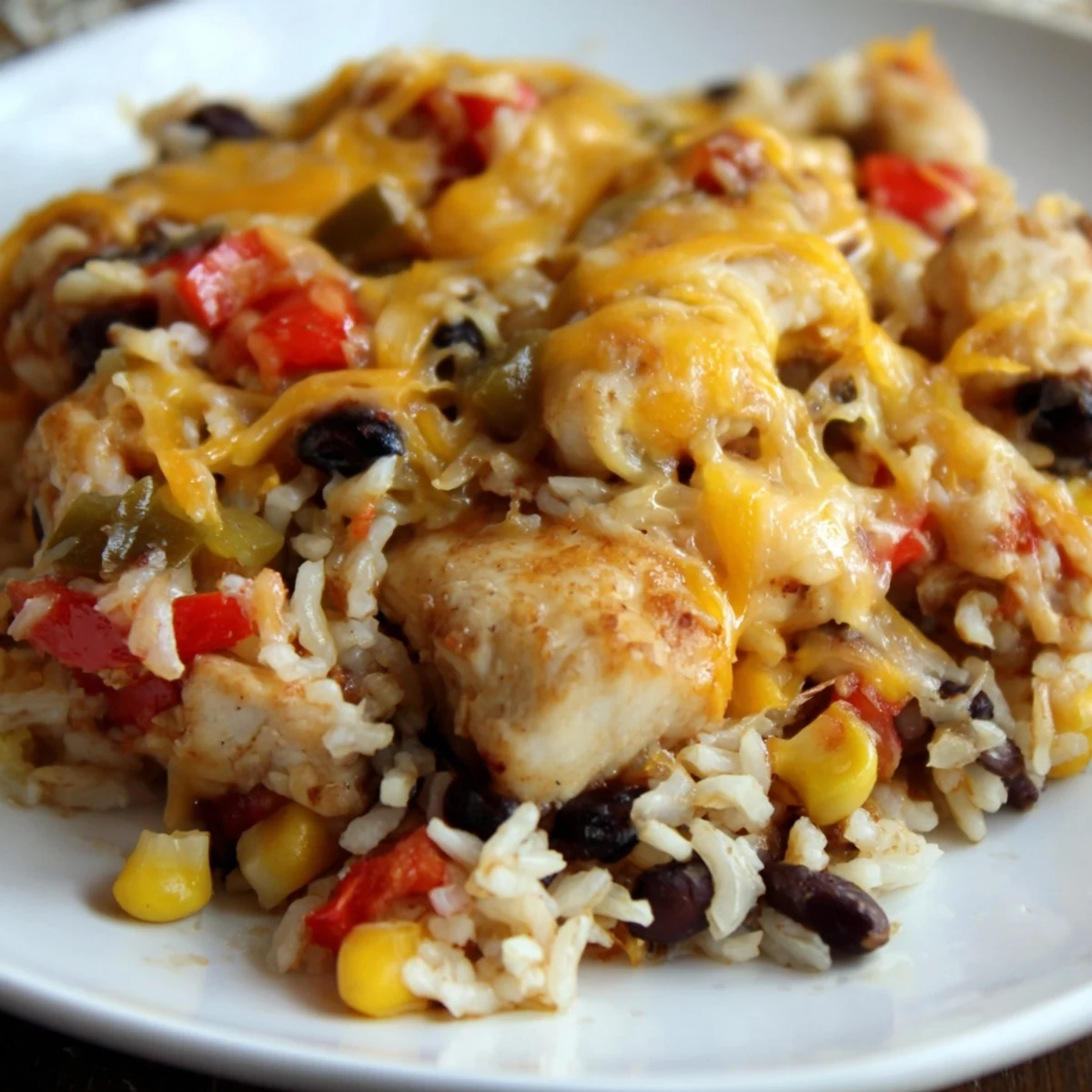 Steaming one-pot Mexican chicken and rice bake bubbling with melted cheese colorful peppers black beans and corn