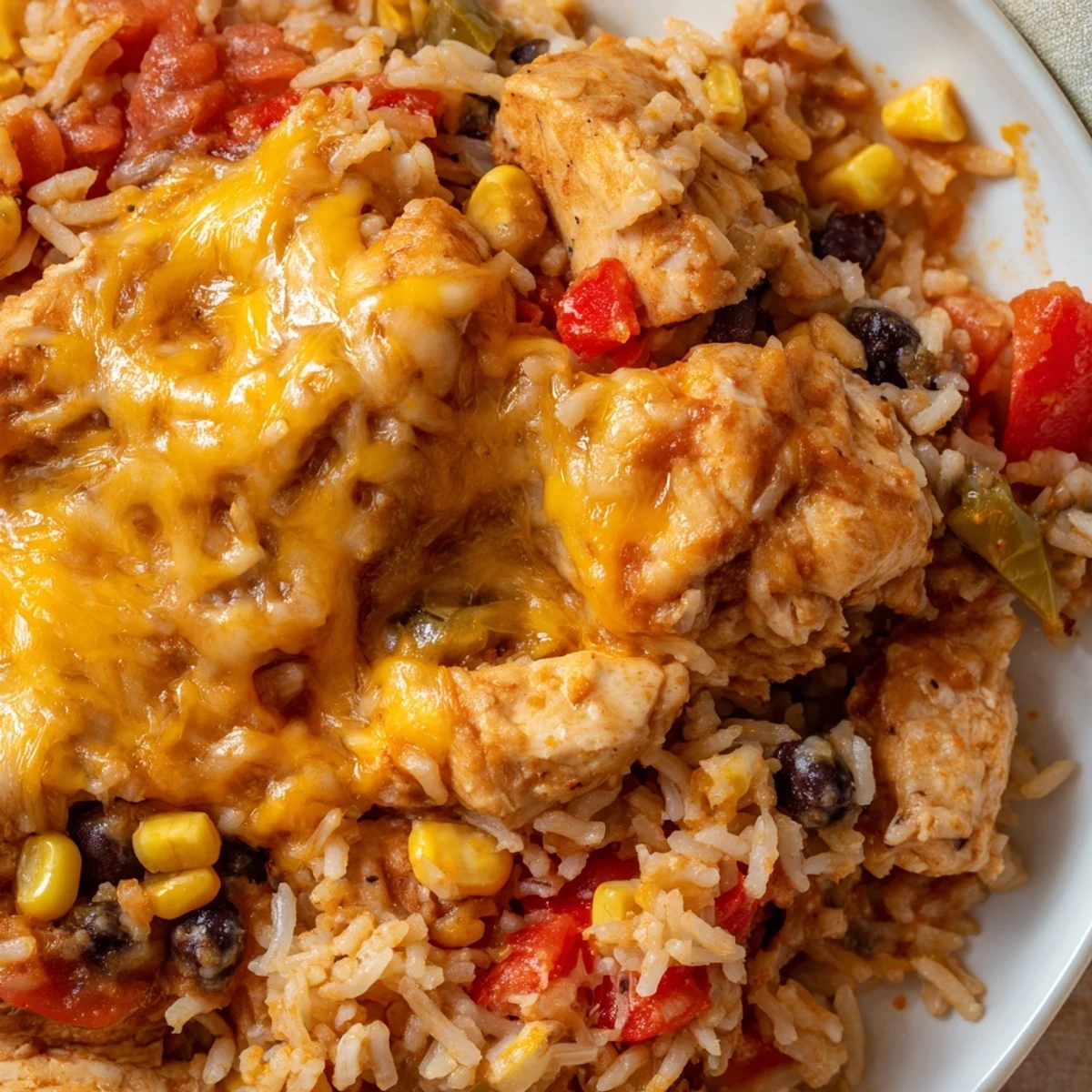 Finished Mexican chicken and rice bake sprinkled with fresh cilantro and served piping hot from the baking dish