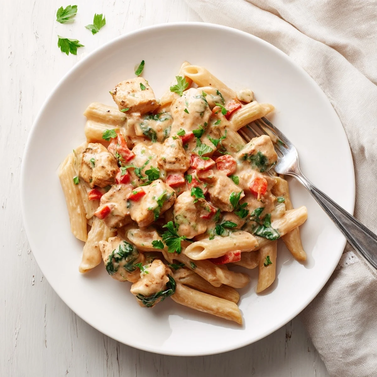 Creamy one pan chicken pasta with tender chicken pieces and wilted spinach in a rich garlic parmesan sauce