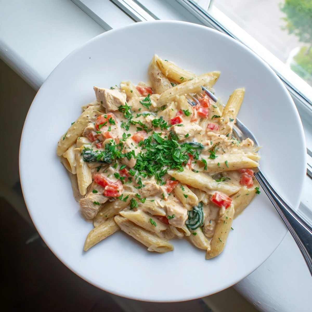 Golden brown chicken tossed with penne pasta, colorful bell peppers, and velvety cream sauce in a single skillet