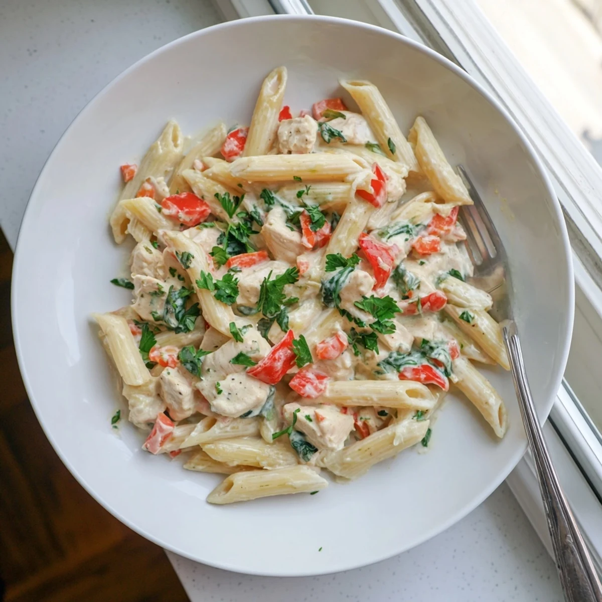 Steaming bowl of one pan creamy chicken pasta garnished with fresh parsley and extra grated parmesan cheese