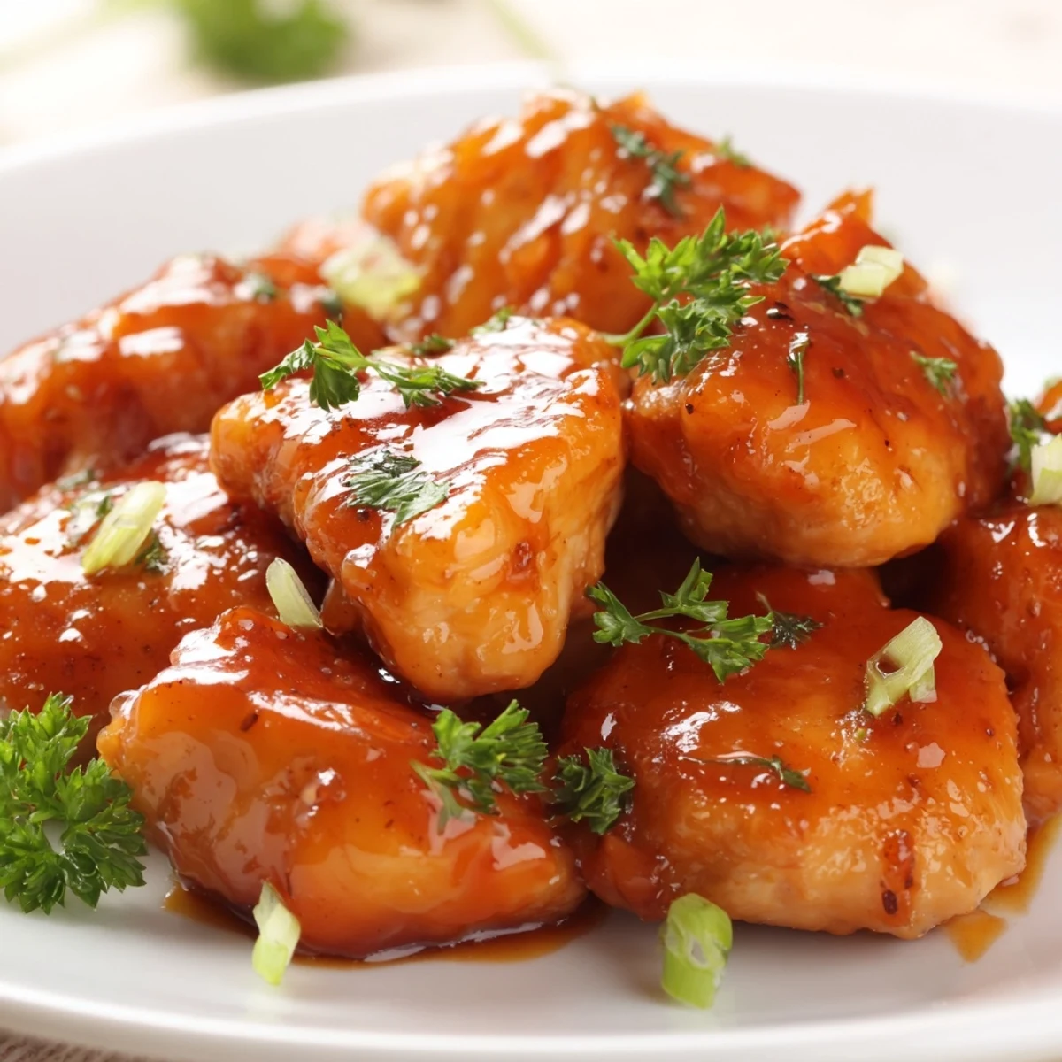 Golden brown chicken breasts glazed in glossy apricot sauce garnished with fresh green onions