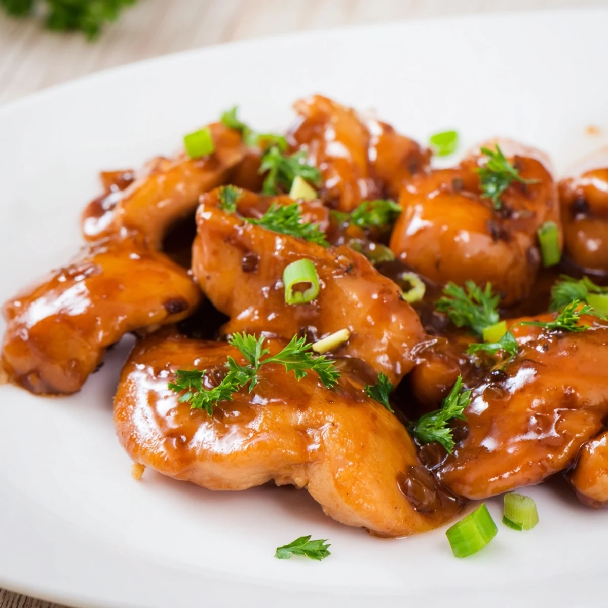 Tender classic apricot chicken pieces bubbling in sweet tangy preserves with parsley sprinkles on top