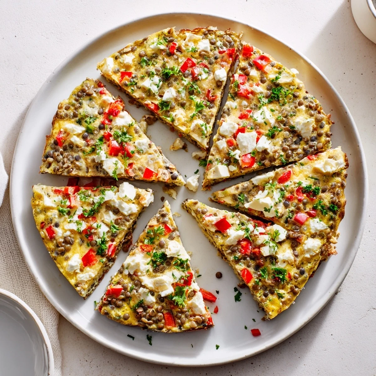 Golden brown lentil and feta frittata topped with crumbled white cheese and fresh parsley speckles