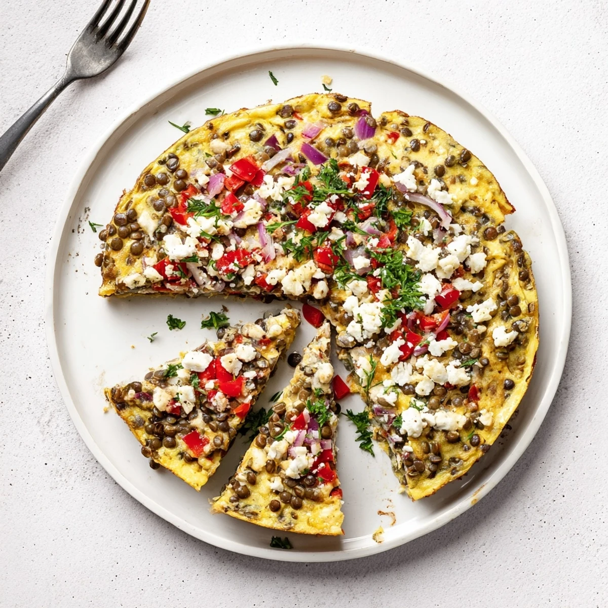 Sliced healthy lentil and feta frittata revealing vibrant spinach, bell peppers, and golden egg custard layers
