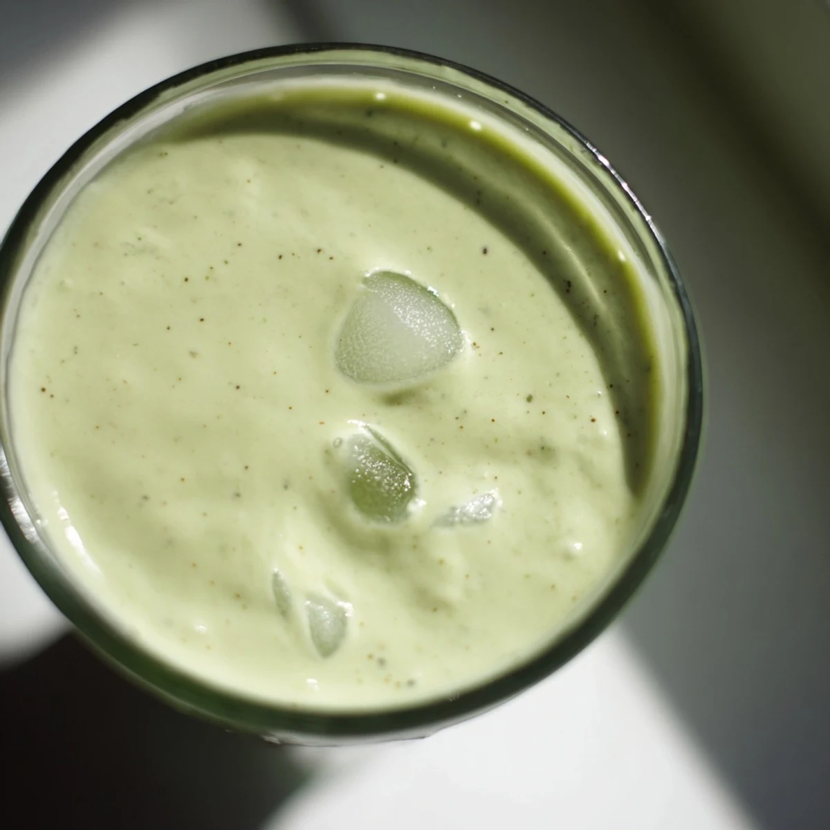 Refreshing Greek yogurt avocado smoothie blended with ice and baby spinach