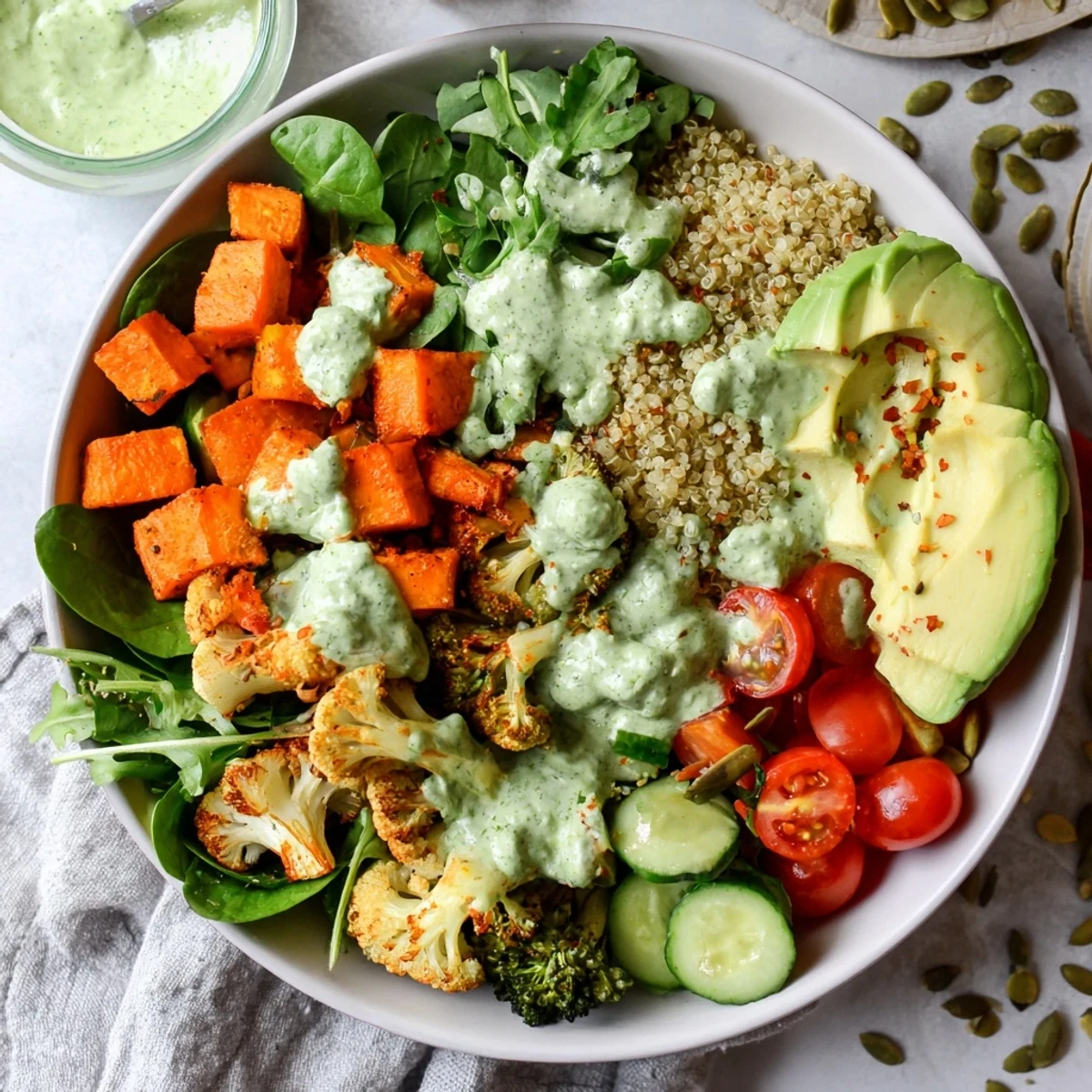 Vibrant healthy green goddess veggie bowl with roasted sweet potato and creamy herb dressing drizzled over fresh greens
