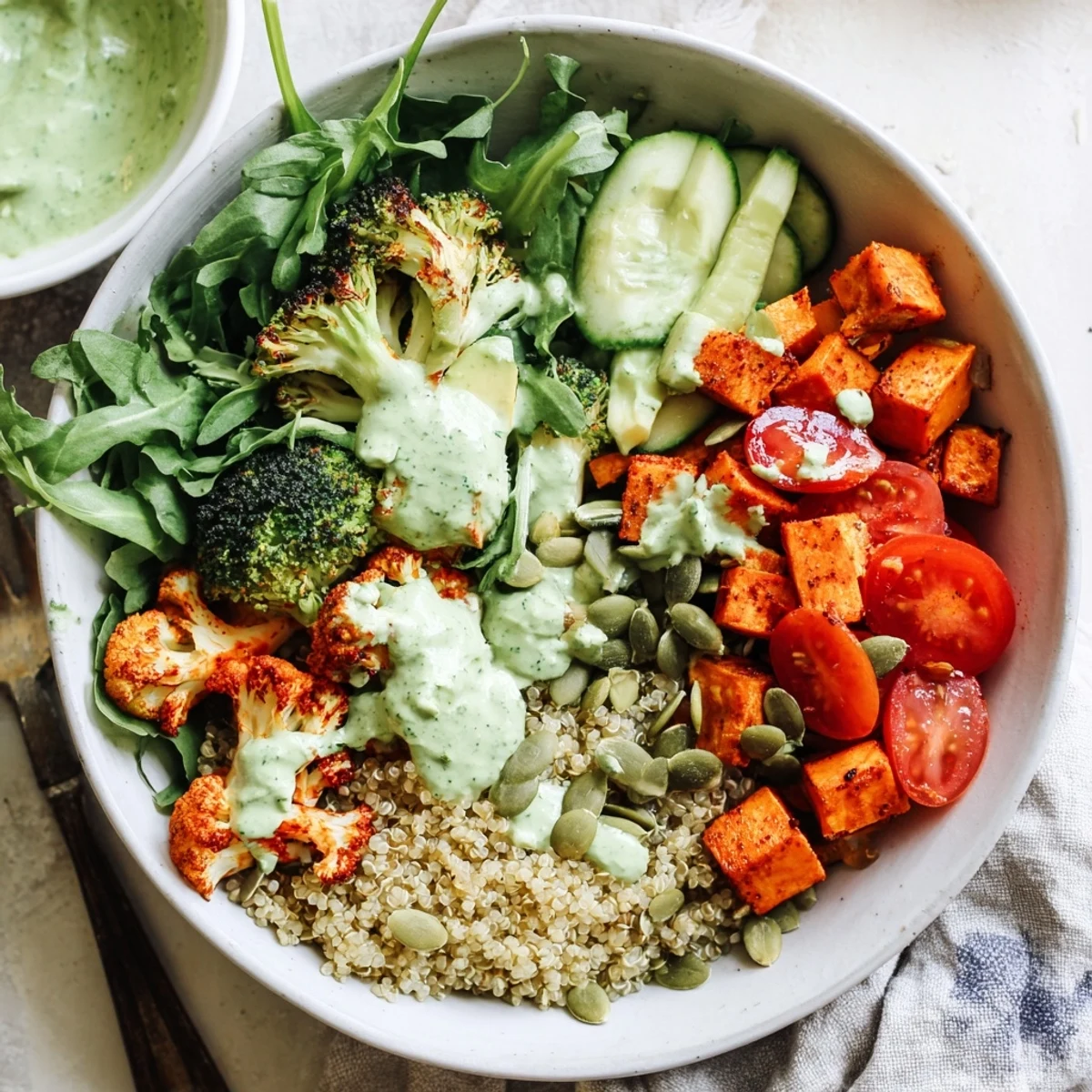Golden roasted vegetables and fresh spinach arranged in a bowl with pumpkin seeds and luscious healthy green goddess dressing