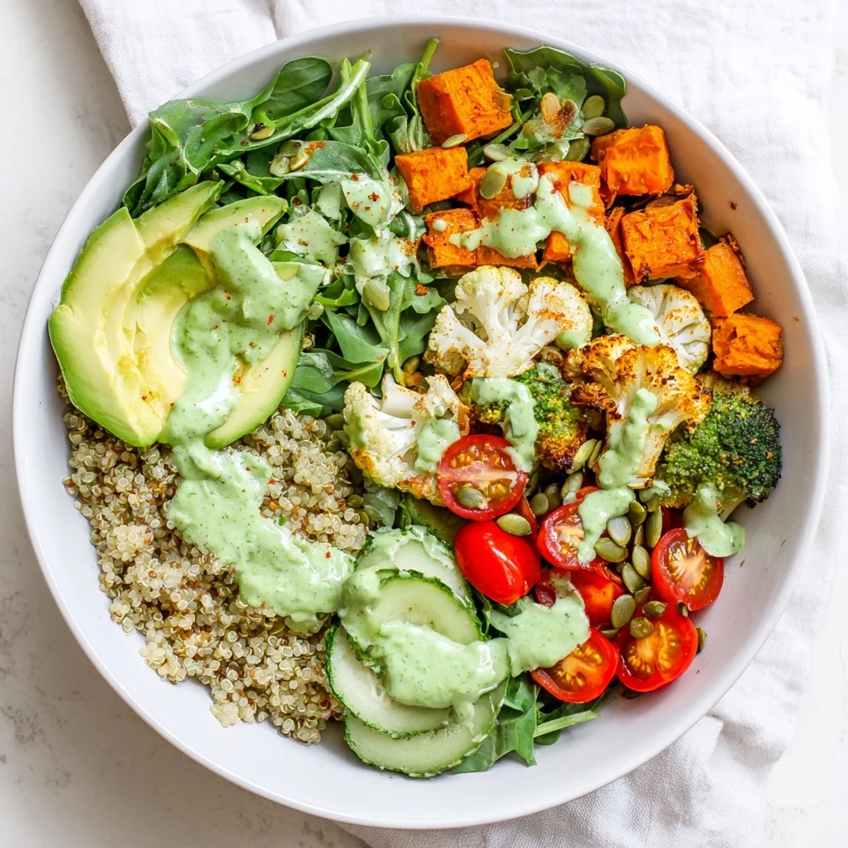 Colorful layered bowl featuring quinoa, crisp vegetables, and avocado topped with tangy green goddess dressing for a nutritious meal