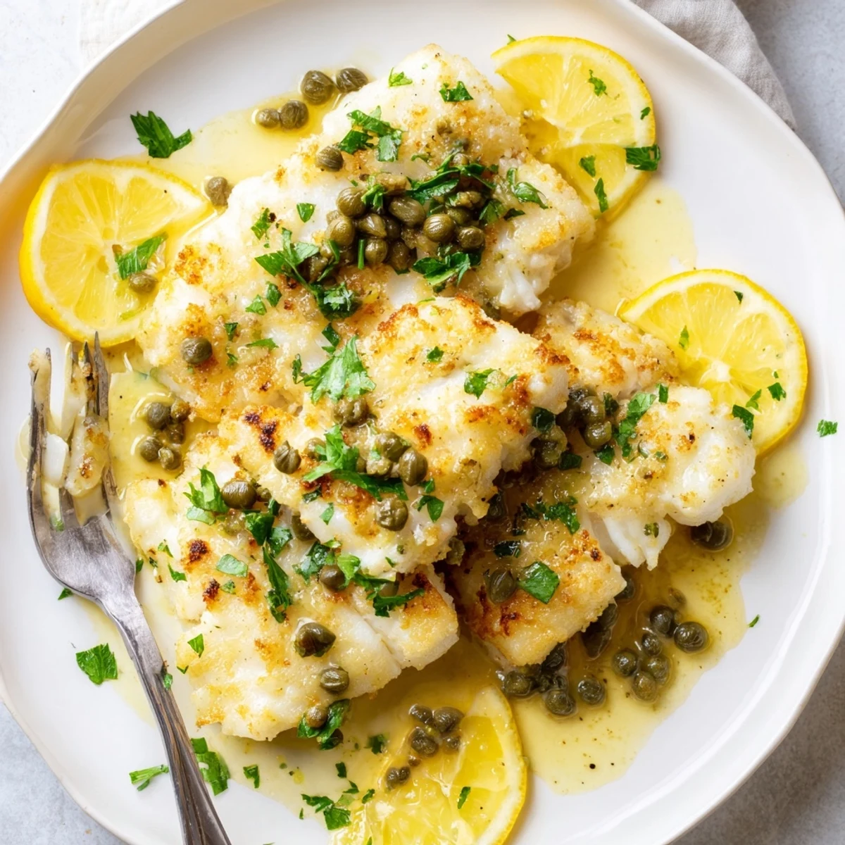 Golden pan-seared cod fillets served in a bright lemon caper sauce with fresh parsley garnish