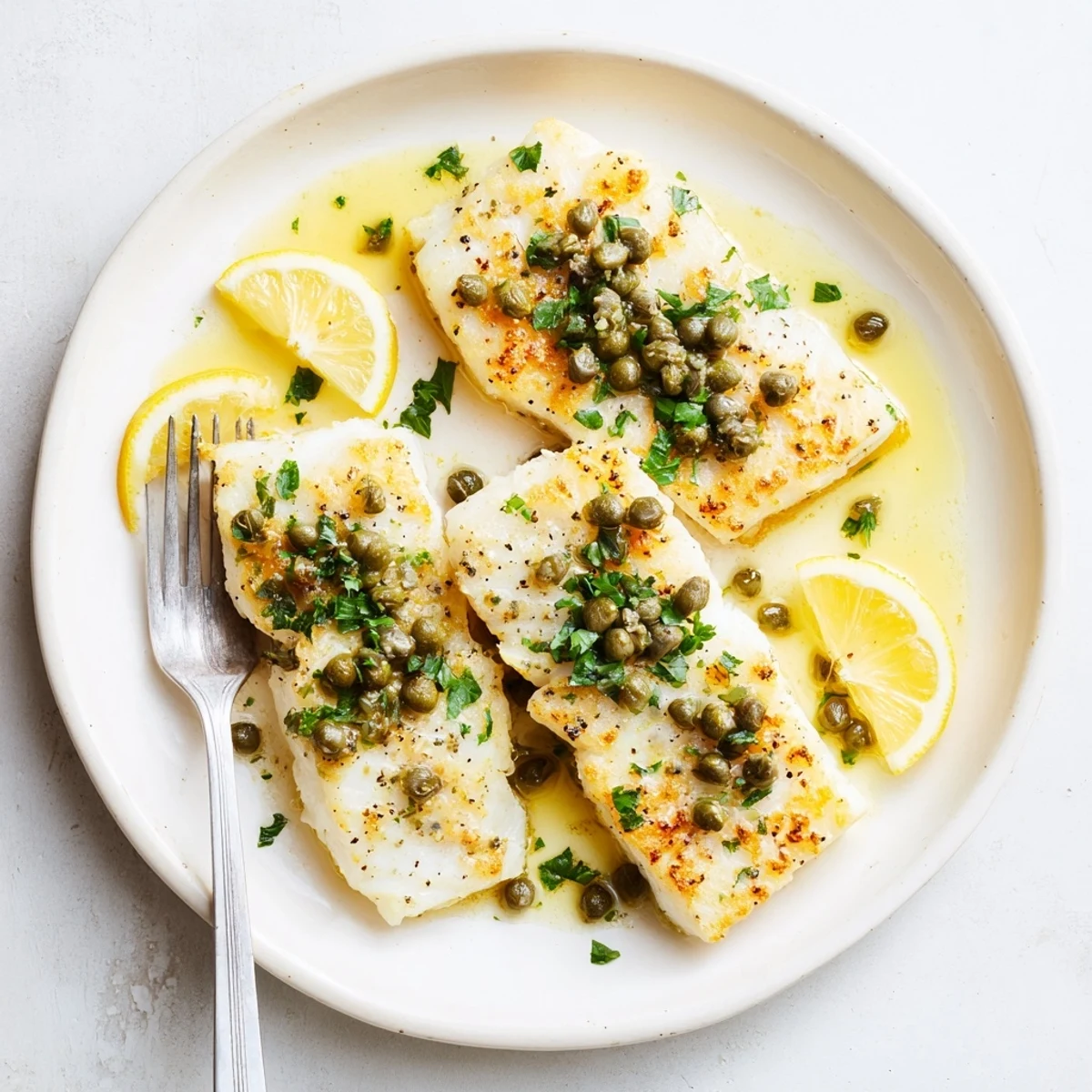 Tender flaky cod piccata smothered in a buttery lemon garlic sauce with briny capers