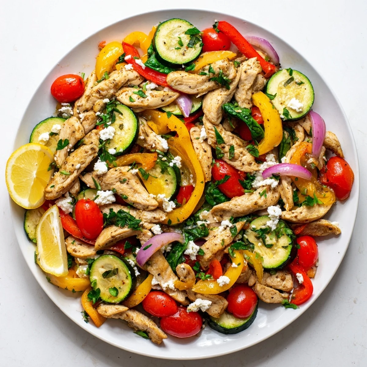 Golden brown Mediterranean chicken stir fry sizzling with colorful bell peppers zucchini cherry tomatoes and crumbled feta